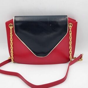 Vintage Magdesians Red Purse USA Made Gold Chain Shoulder Bag Black Flap Vintage